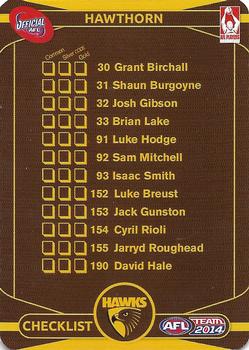2014 Team Zone AFL Team - Team Checklists #10 Hawthorn Hawks Back